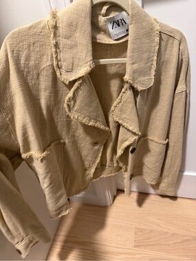 Zara Frayed-Edge Cropped Jacket in Beige
